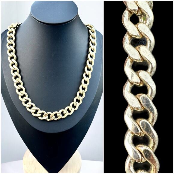 Chunky Gold Tone Cuban Curb Chain Thick 80s 90s Mob Wife Necklace Vintage 23” - Picture 1 of 5